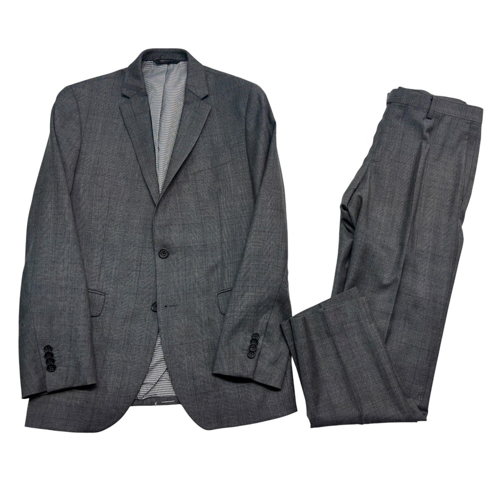 Banana Republic 38R 31x29 Gray Burgundy Plaid 2pc Pant Suit Flat Front Slim Fit